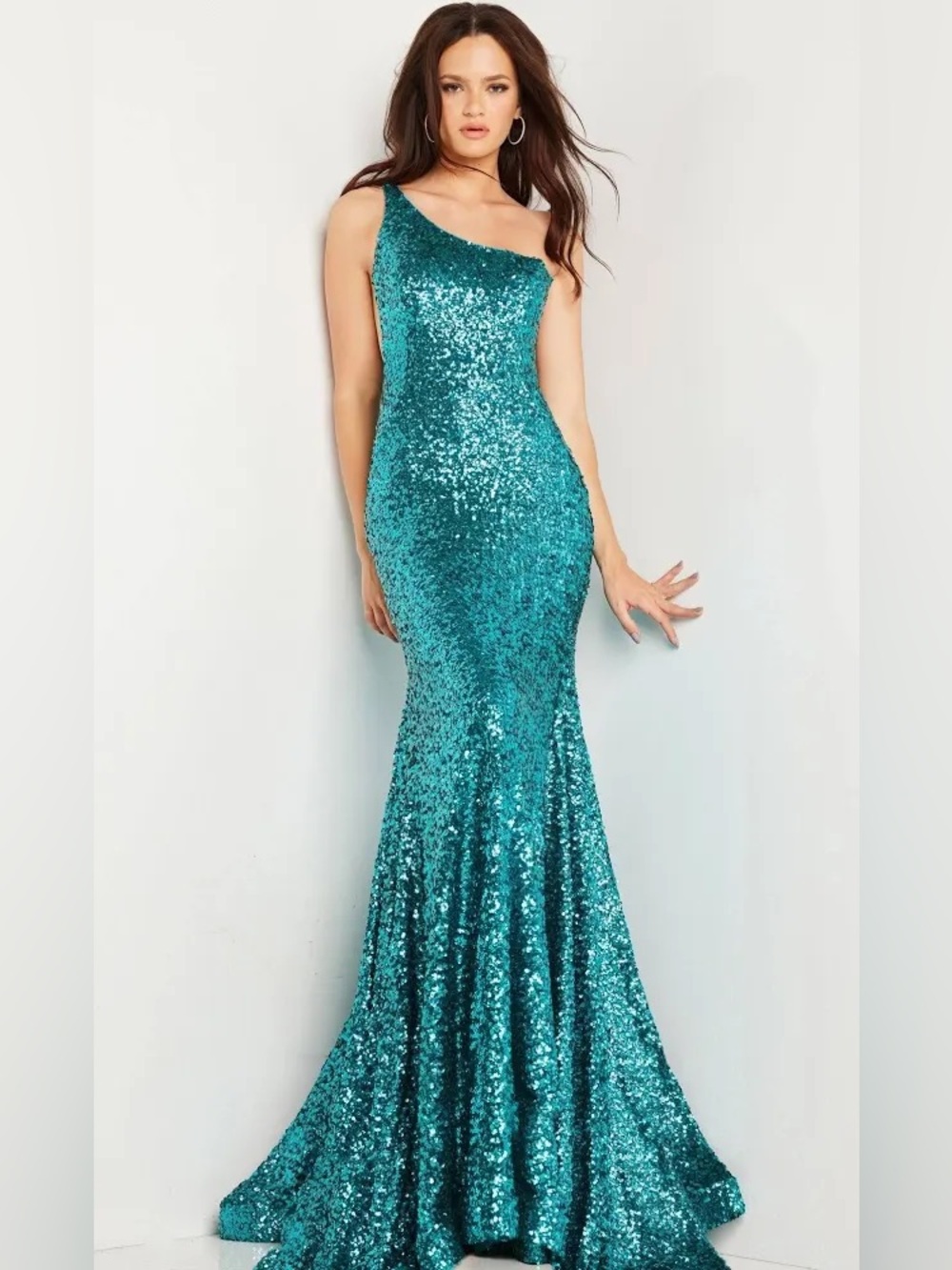 NWT Jovani 23076 Turquoise Sequin One Shoulder Prom Dress ~ Size 6 | MSRP $649